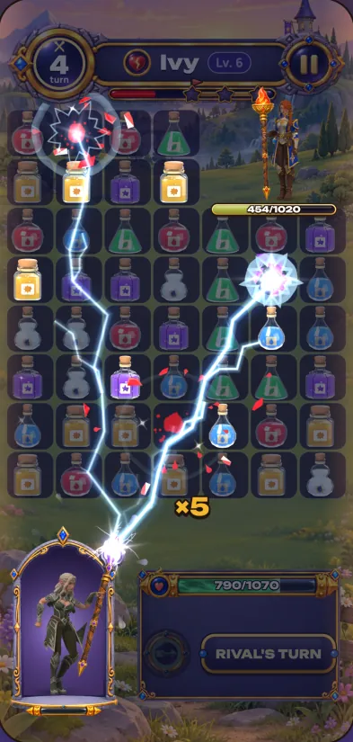 Game screenshot: A duel: a shared board, health bars of the hero and the rival