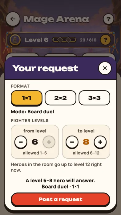 Game screenshot: The request form: choosing the format — one on one, two on two, three on three — and the fighter levels