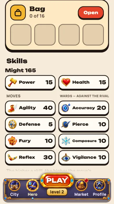 Game screenshot: The Hero tab: the bag, six skills and four wards with their numbers