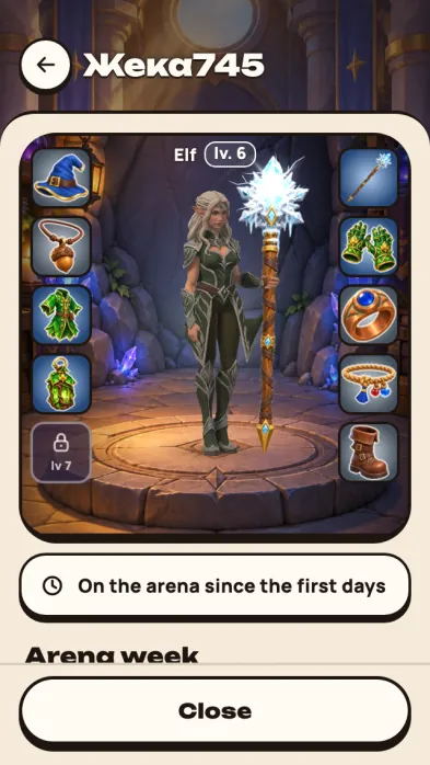 Game screenshot: A hero page opened by tapping a name on a request: the hero with worn gear, their level and wins this week